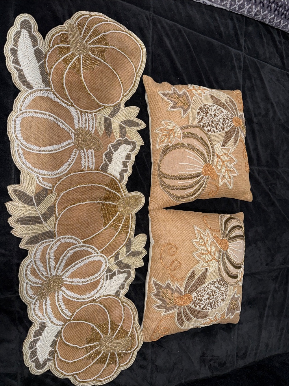 Pier1 Matching Pillows/Kohl’s Brown & Cream Pumpkin Embroidered Table Runner